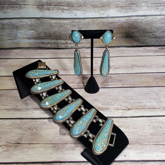 Vintage Jewelry - Vtg deco confetti acrylic bracelet & earrings